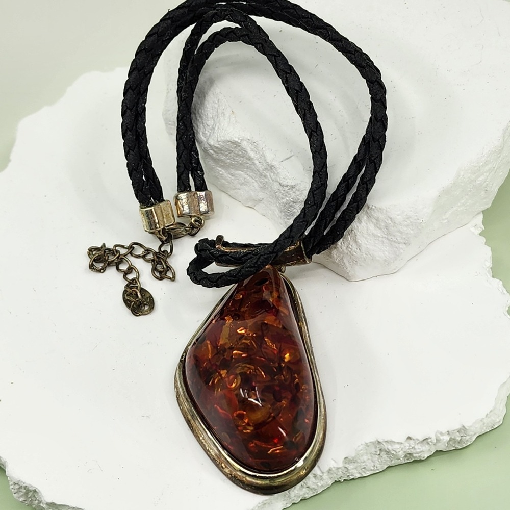 Amber Tone Teardrop Pendant Necklace Black Braided Cord Silver Tone Boho Vintage